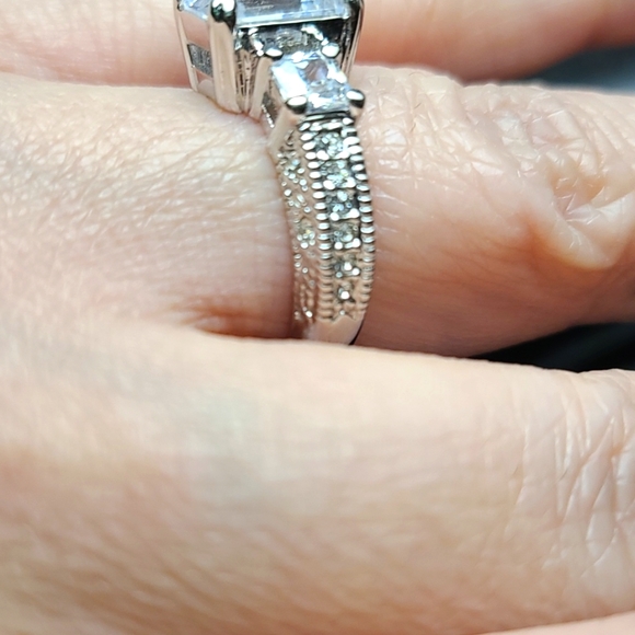 WGP Emerald Cut 3 Stone AAA CZ Engagement Ring - Picture 5 of 7